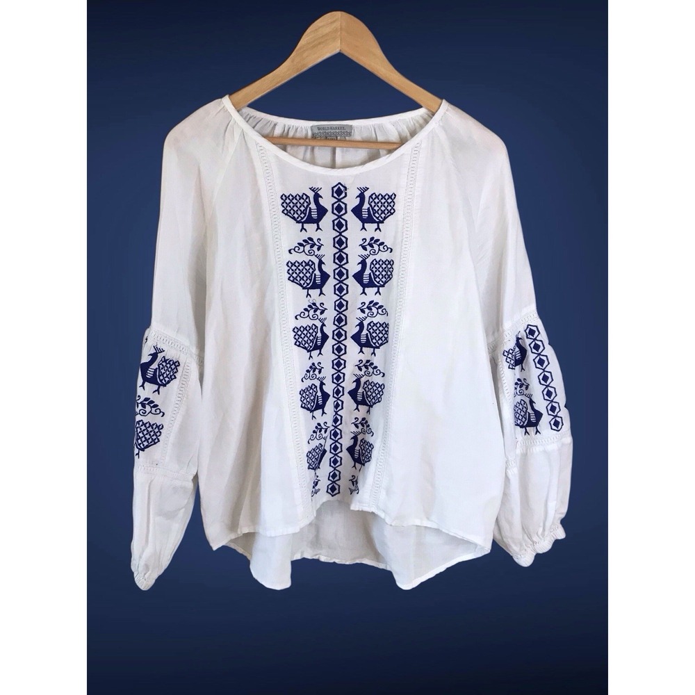 World Market Blue White Peacock Boho Embroidered Peasant Blouse Top Sz L/XL - Picture 2 of 5